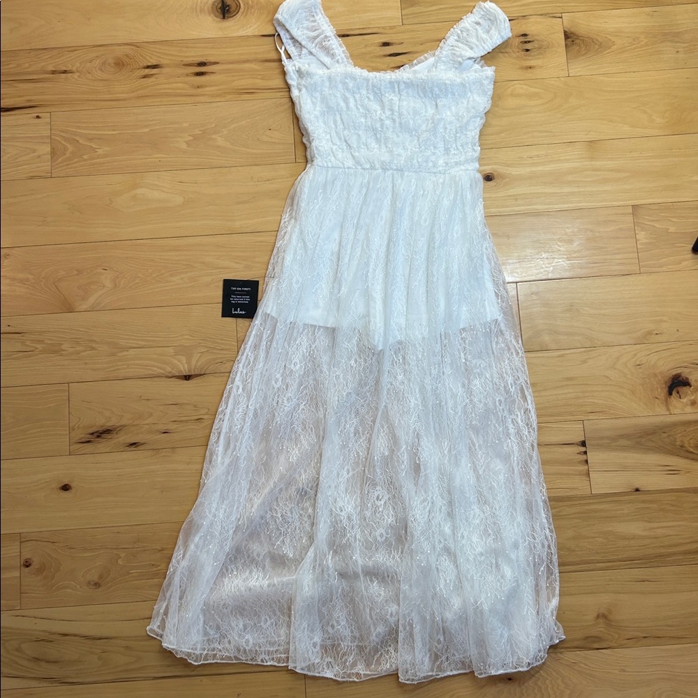 NWT Lulus White Sheer Lace Midi Dress | Size Small - Picture 8 of 11